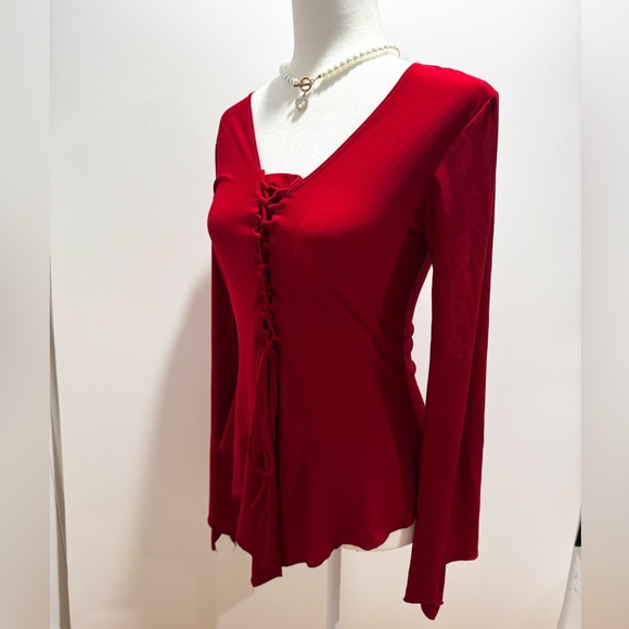 Vintage 90s Cressong Whimsygoth Fairy Renaissance Red Bell Sleeve Corset Top - Picture 2 of 7
